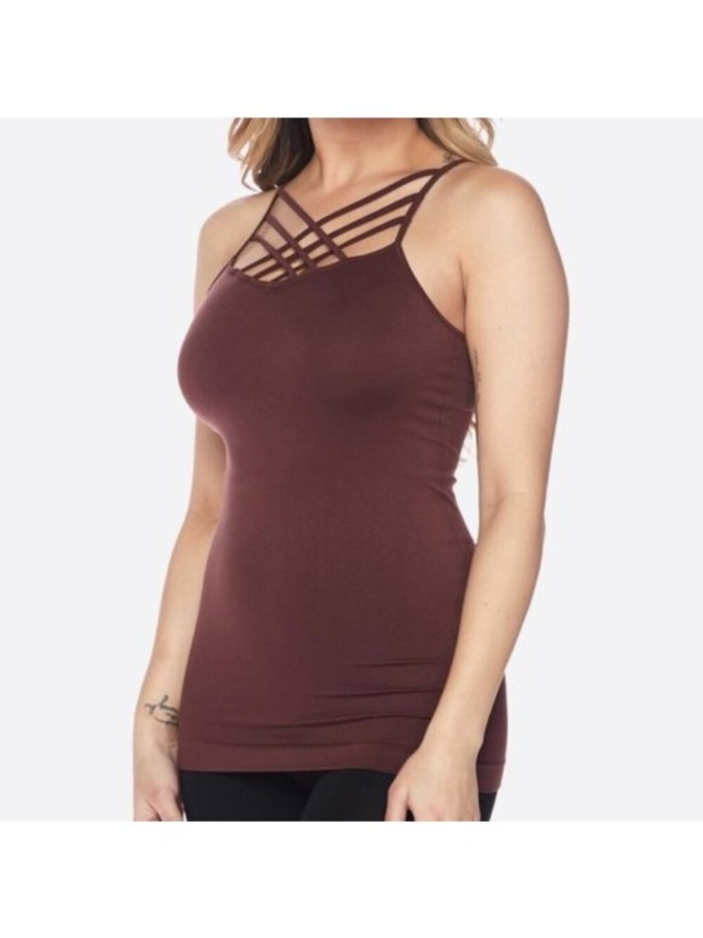 Bodycon Chocolate Brown Triple Criss Cross Camisole Undershirt Tank Top Shirt